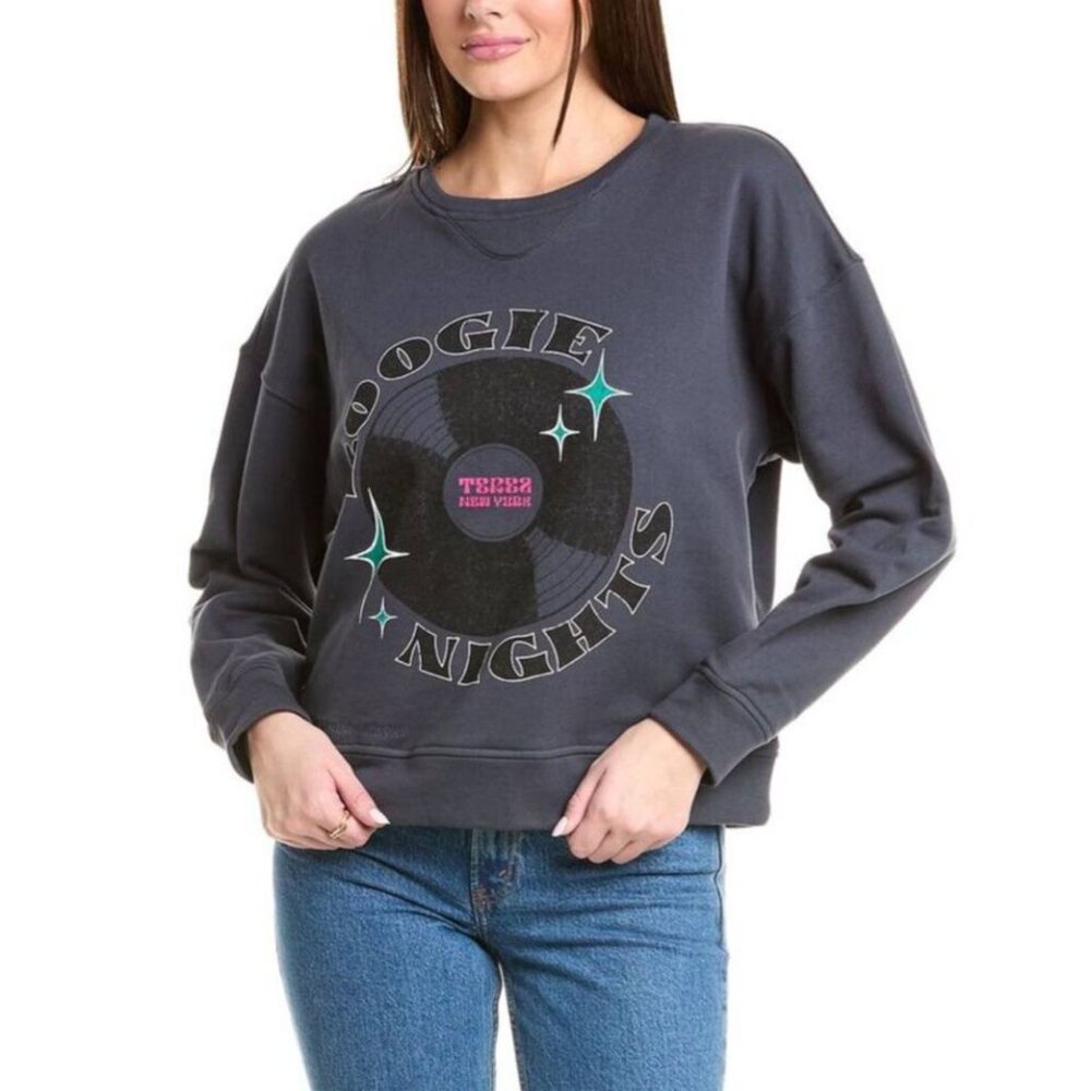Terez Boogie Nights Sweatshirt Crew Neck Gray Graphic Print Size SMALL New NWT